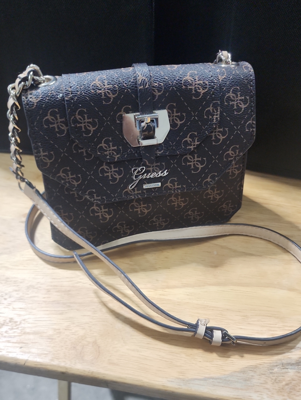 Guess Brown Monogram Crossbody Bag with Silver Hardware